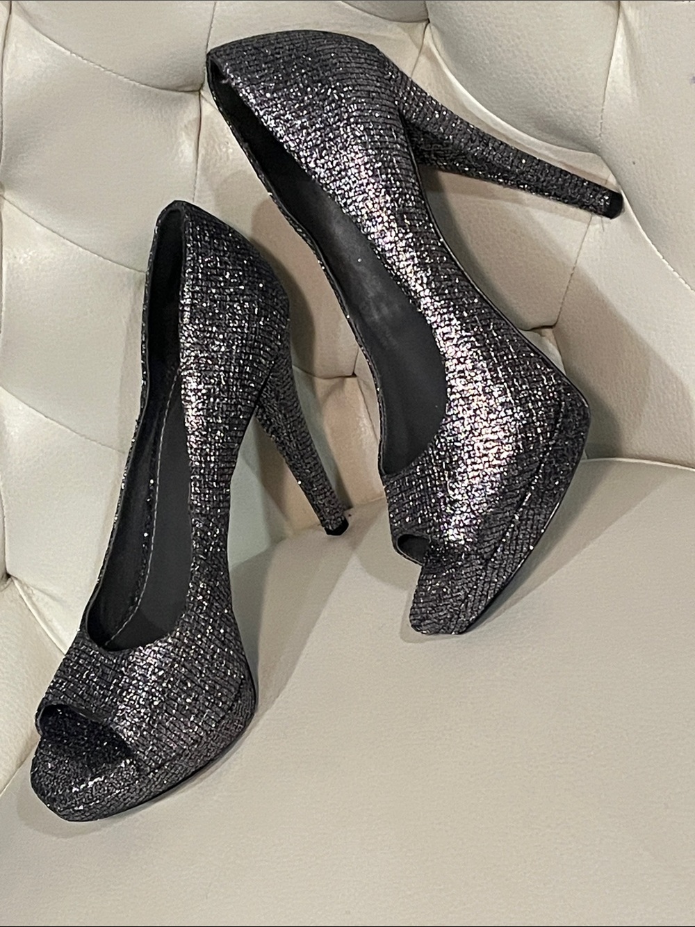 Vera Wang Metallic Gunmetal Black Peep-Toe Stiletto Heels